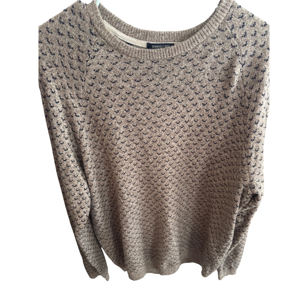 American Eagle Seriously Soft Crewneck Sweater Mens Large Tan Navy Birdseye Knit
